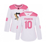 Women Adidas Pittsburgh Penguins #10 Ron Francis Authentic White Pink Fashion NHL Jersey