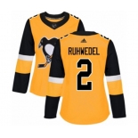 Women Adidas Pittsburgh Penguins #2 Chad Ruhwedel Authentic Gold Alternate NHL Jersey