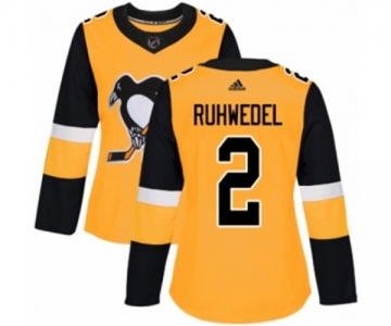 Women Adidas Pittsburgh Penguins #2 Chad Ruhwedel Authentic Gold Alternate NHL Jersey