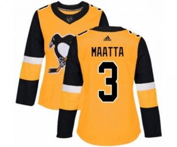 Women Adidas Pittsburgh Penguins #3 Olli Maatta Authentic Gold Alternate NHL Jersey