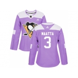 Women Adidas Pittsburgh Penguins #3 Olli Maatta Purple Authentic Fights Cancer Stitched NHL Jersey