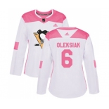 Women Adidas Pittsburgh Penguins #6 Jamie Oleksiak Authentic White Pink Fashion NHL Jersey