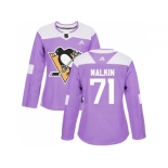 Women Adidas Pittsburgh Penguins #71 Evgeni Malkin Purple Authentic Fights Cancer Stitched NHL Jersey