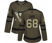 Women Reebok Pittsburgh Penguins #68 Jaromir Jagr Authentic Green Salute to Service NHL Jersey