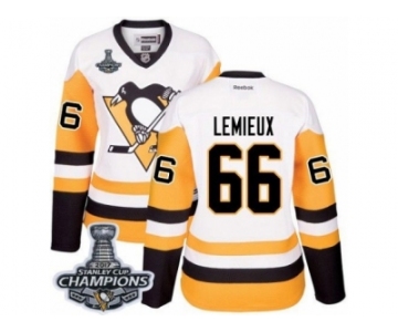 Women's Reebok Pittsburgh Penguins #66 Mario Lemieux Premier White Away 2017 Stanley Cup Champions NHL Jersey