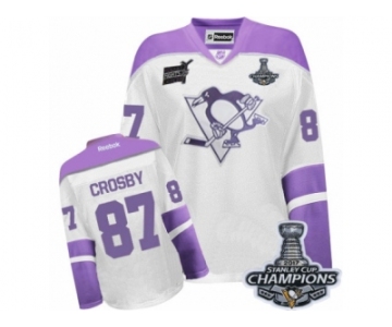 Women's Reebok Pittsburgh Penguins #87 Sidney Crosby Premier White Purple Thanksgiving Edition 2017 Stanley Cup Champions NHL Jersey