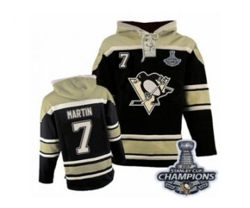 Men's Old Time Hockey Pittsburgh Penguins #7 Paul Martin Premier Black Sawyer Hooded Sweatshirt 2017 Stanley Cup Champions