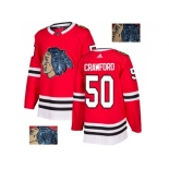 Men Adidas Chicago Blackhawks #50 Corey Crawford Red Home Authentic Fashion Gold Stitched NHL Jersey