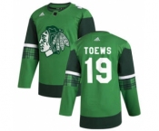 Men's Chicago Blackhawks #19 Jonathan Toews 2020 St. Patrick's Day Stitched Hockey Jersey Green