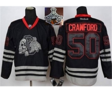 NHL Chicago Blackhawks #50 Corey Crawford Black Ice Skull logo 2015 Stanley Cup Champions jerseys