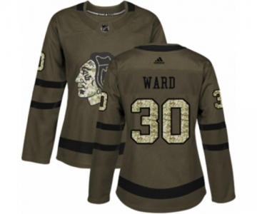 Women Adidas Chicago Blackhawks #30 Cam Ward Authentic Green Salute to Service NHL Jersey