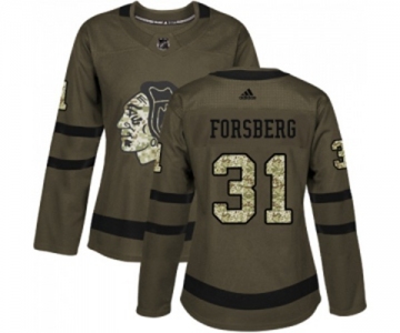 Women Adidas Chicago Blackhawks #31 Anton Forsberg Authentic Green Salute to Service NHL Jersey