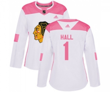 Women's Adidas Chicago Blackhawks #1 Glenn Hall Authentic White Pink Fashion NHL Jersey