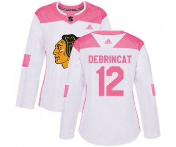 Women's Adidas Chicago Blackhawks #12 Alex DeBrincat Authentic White Pink Fashion NHL Jersey