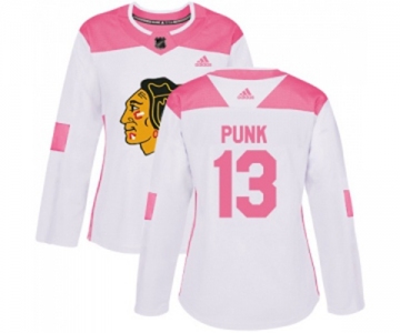 Women's Adidas Chicago Blackhawks #13 CM Punk Authentic White Pink Fashion NHL Jersey