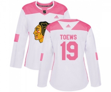 Women's Adidas Chicago Blackhawks #19 Jonathan Toews Authentic White Pink Fashion NHL Jersey