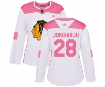 Women's Adidas Chicago Blackhawks #28 Henri Jokiharju Authentic White Pink Fashion NHL Jersey