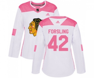 Women's Adidas Chicago Blackhawks #42 Gustav Forsling Authentic White Pink Fashion NHL Jersey