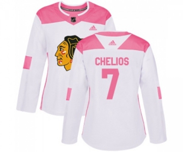 Women's Adidas Chicago Blackhawks #7 Chris Chelios Authentic White Pink Fashion NHL Jersey