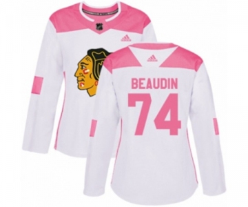 Women's Adidas Chicago Blackhawks #74 Nicolas Beaudin Authentic White Pink Fashion NHL Jersey