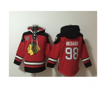 Men Chicago Blackhawks 98 Connor Bedard Red Lace Up Pullover Hoodie