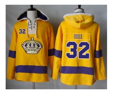 Men's Los Angeles Kings #32 Jonathan Quick Gold Sawyer Hooded Sweatshirt Stitched NHL Jersey