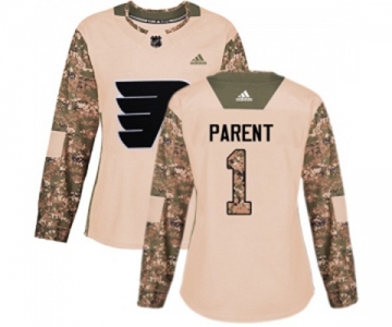 Women Adidas Philadelphia Flyers #1 Bernie Parent Authentic Camo Veterans Day Practice NHL Jersey