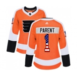 Women Adidas Philadelphia Flyers #1 Bernie Parent Authentic Orange USA Flag Fashion NHL Jersey