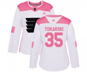 Women Adidas Philadelphia Flyers #35 Dustin Tokarski Authentic White Pink Fashion NHL Jersey