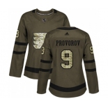 Women Adidas Philadelphia Flyers #9 Ivan Provorov Authentic Green Salute to Service NHL Jersey