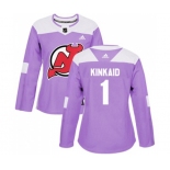 Women New Jersey Devils #1 Keith Kinkaid Authentic Purple Fights Cancer Practice Hockey Jersey