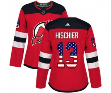 Women New Jersey Devils #13 Nico Hischier Authentic Red USA Flag Fashion Hockey Jersey