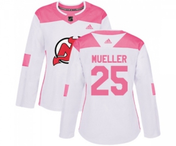 Women New Jersey Devils #25 Mirco Mueller Authentic White Pink Fashion Hockey Jersey