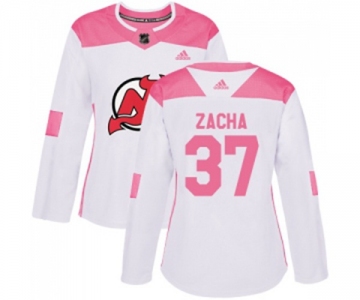 Women New Jersey Devils #37 Pavel Zacha Authentic White Pink Fashion Hockey Jersey