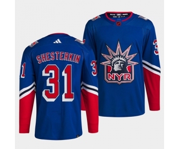 Men's New York Rangers #31 Igor Shesterkin Blue 2022 Reverse Retro Stitched Jersey