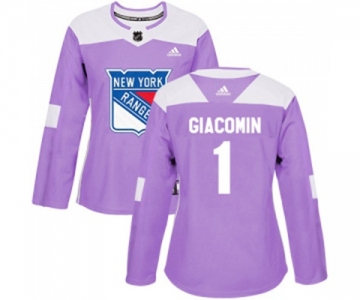 Women Adidas New York Rangers #1 Eddie Giacomin Authentic Purple Fights Cancer Practice NHL Jersey