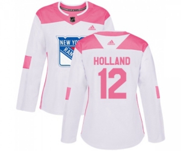 Women Adidas New York Rangers #12 Peter Holland Authentic White Pink Fashion NHL Jersey