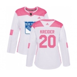 Women Adidas New York Rangers #20 Chris Kreider Authentic White Pink Fashion NHL Jersey