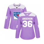 Women Adidas New York Rangers #36 Glenn Anderson Authentic Purple Fights Cancer Practice NHL Jersey