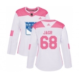 Women Adidas New York Rangers #68 Jaromir Jagr Authentic White Pink Fashion NHL Jersey