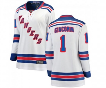 Women New York Rangers #1 Eddie Giacomin Fanatics Branded White Away Breakaway NHL Jersey