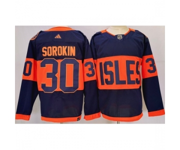 Men's New York Islanders #30 Ilya Sorokin Navy 2024 With Stadium Series Patch Stitched Jersey