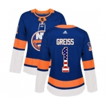 Women Adidas New York Islanders #1 Thomas Greiss Authentic Royal Blue USA Flag Fashion NHL Jersey