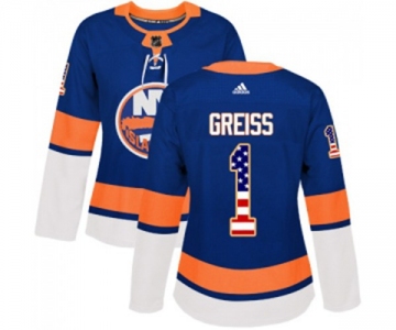 Women Adidas New York Islanders #1 Thomas Greiss Authentic Royal Blue USA Flag Fashion NHL Jersey