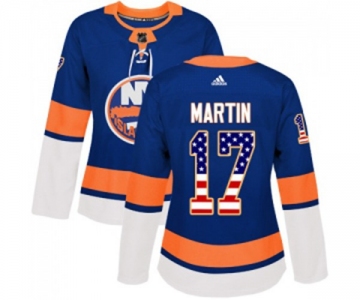 Women Adidas New York Islanders #17 Matt Martin Authentic Royal Blue USA Flag Fashion NHL Jersey