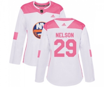 Women Adidas New York Islanders #29 Brock Nelson Authentic White Pink Fashion NHL Jersey