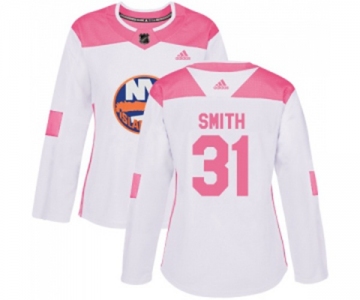 Women Adidas New York Islanders #31 Billy Smith Authentic White Pink Fashion NHL Jersey