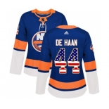 Women Adidas New York Islanders #44 Calvin de Haan Authentic Royal Blue USA Flag Fashion NHL Jersey