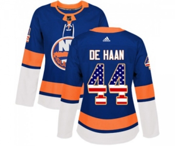 Women Adidas New York Islanders #44 Calvin de Haan Authentic Royal Blue USA Flag Fashion NHL Jersey