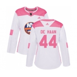 Women Adidas New York Islanders #44 Calvin de Haan Authentic White Pink Fashion NHL Jersey